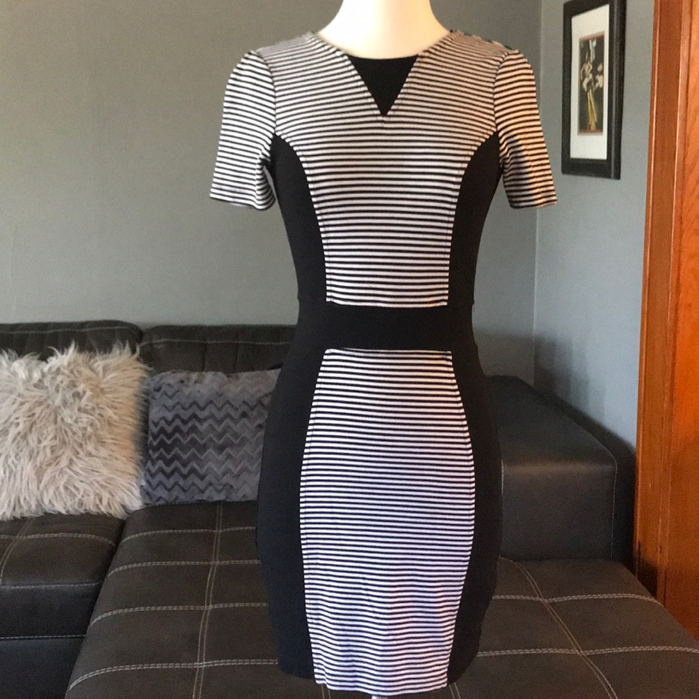 NWOT Black white striped body con dress sz 6